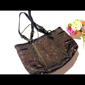 Coach Brown Lurex Studded Signature Brown Rivets Tote Handbag Brown  coach